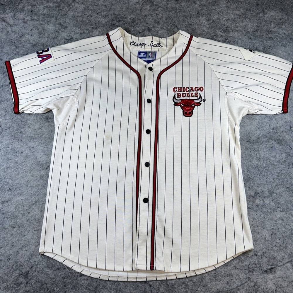 Vintage Starter Chicago Bulls Button Up Shirt Mens L Off-White Pinstripe NBA 90s